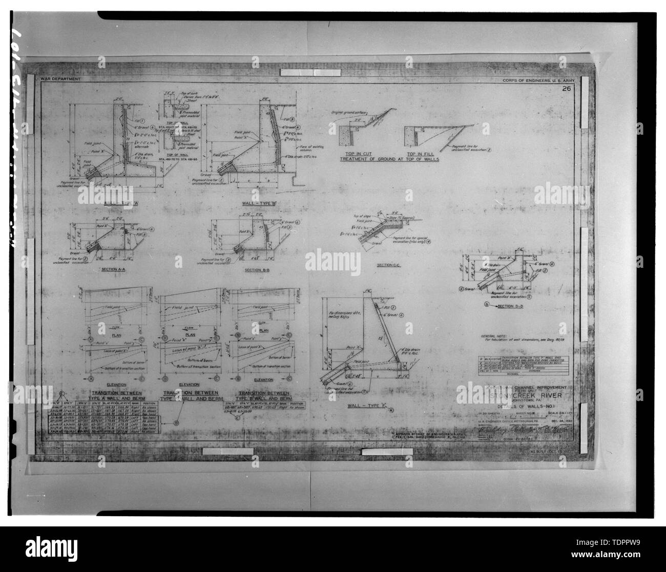 Photographic copy of original drawing, by Corps of Engineers, U.S. Army, December 28, 1940 (original in possession of Corps of Engineers, U.S. Army, Pittsburgh District, Engineering Division files) Unit 5, detail of walls -1 - Johnstown Local Flood Protection Project, Beginning on Conemaugh River approx 3.8 miles downstream from confluence of Little Conemaugh and Stony Creek Rivers at Johnstown, Johnstown, Cambria County, PA Stock Photo