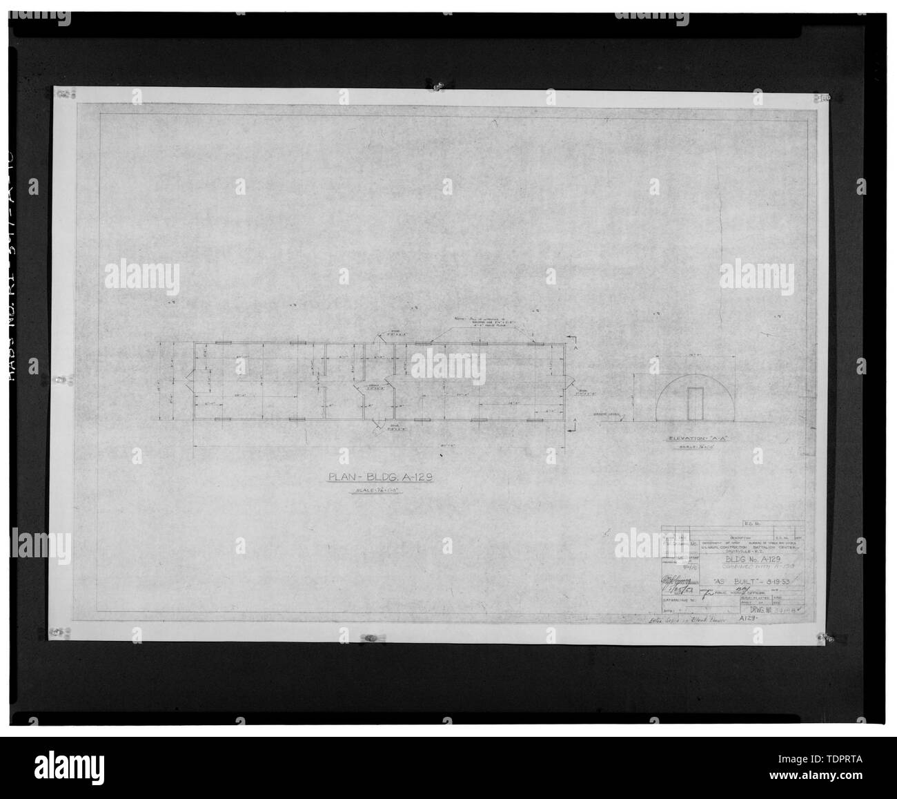 Photographic copy of the Naval Engineering drawing (original is located at Naval Construction Battalion Center, Davisville, RI) Floor plan and elevation of building A-129, drawing number 34198, dated Aug. 1953 - Advance Base Depot, Davisville, Building A-130, Northeast section of Advance Base Depot, adjacent to Pier No. 1, Davisville, Washington County, RI Stock Photo