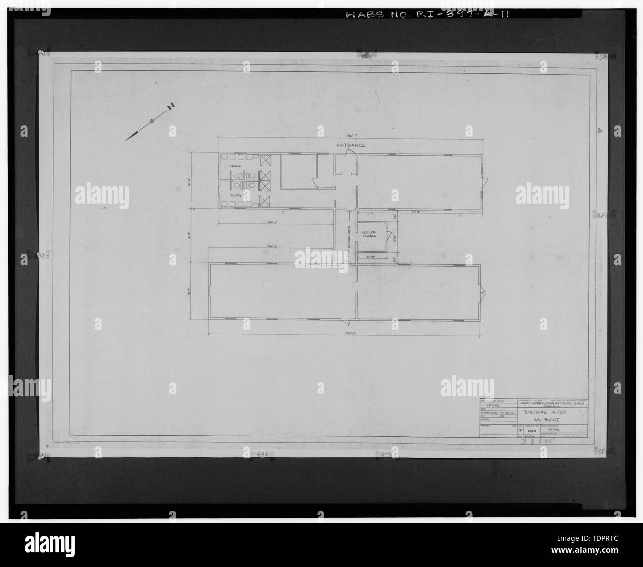 Photographic copy of the Naval Engineering drawing (original is located at Naval Construction Battalion Center, Davisville, RI) Floor plan of building A-130, drawing number 38545, dated Nov. 1970 (Building A-130 is to east, building A-129 is to west) - Advance Base Depot, Davisville, Building A-130, Northeast section of Advance Base Depot, adjacent to Pier No. 1, Davisville, Washington County, RI Stock Photo
