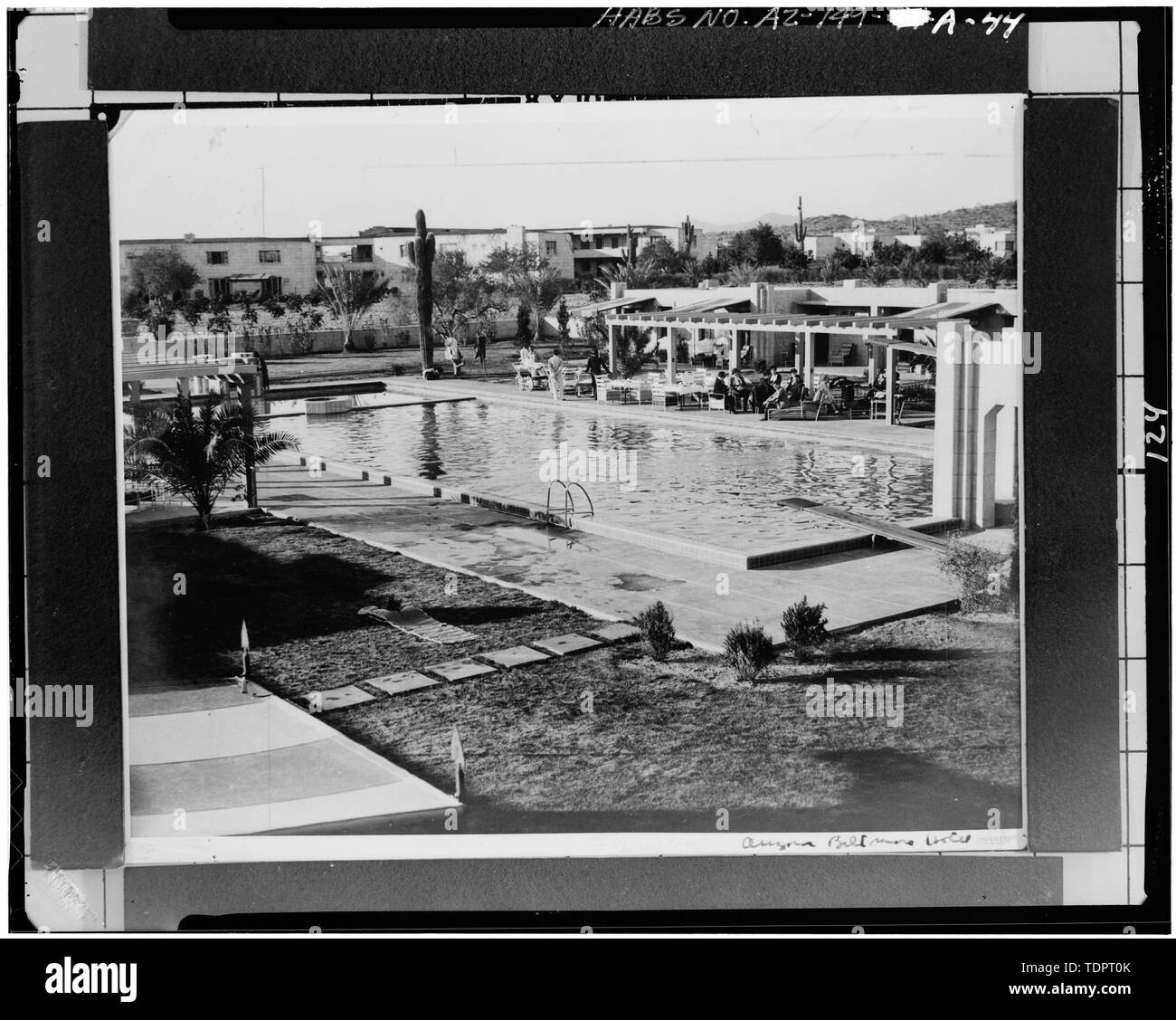 Photographic copy of view of pool area to northwest, c. 1930 - Arizona Biltmore, Bathhouse and Cabanas, Northeast Corner, Twenty-fourth Street and Missouri Avenue, Phoenix, Maricopa County, AZ Stock Photo