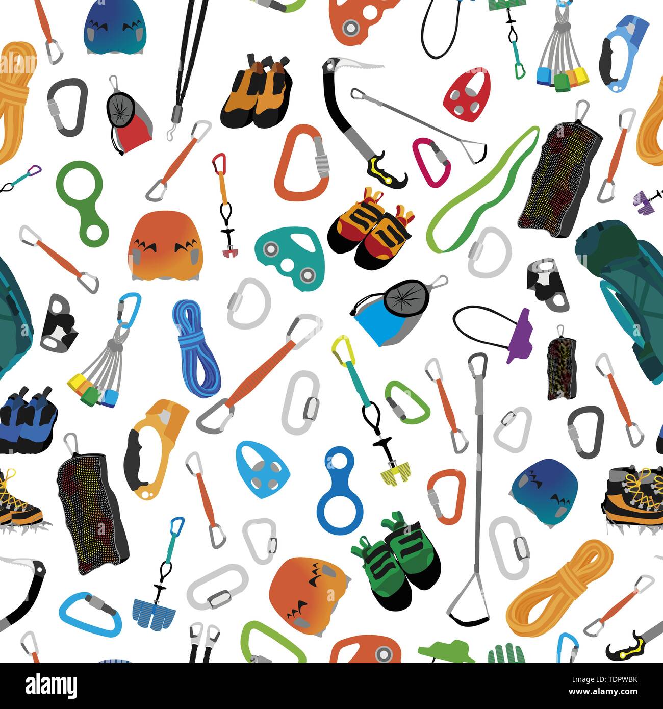 Illustration of assorted equipment and clothing for mountaineering forming seamless ornament. Vector Stock Vector