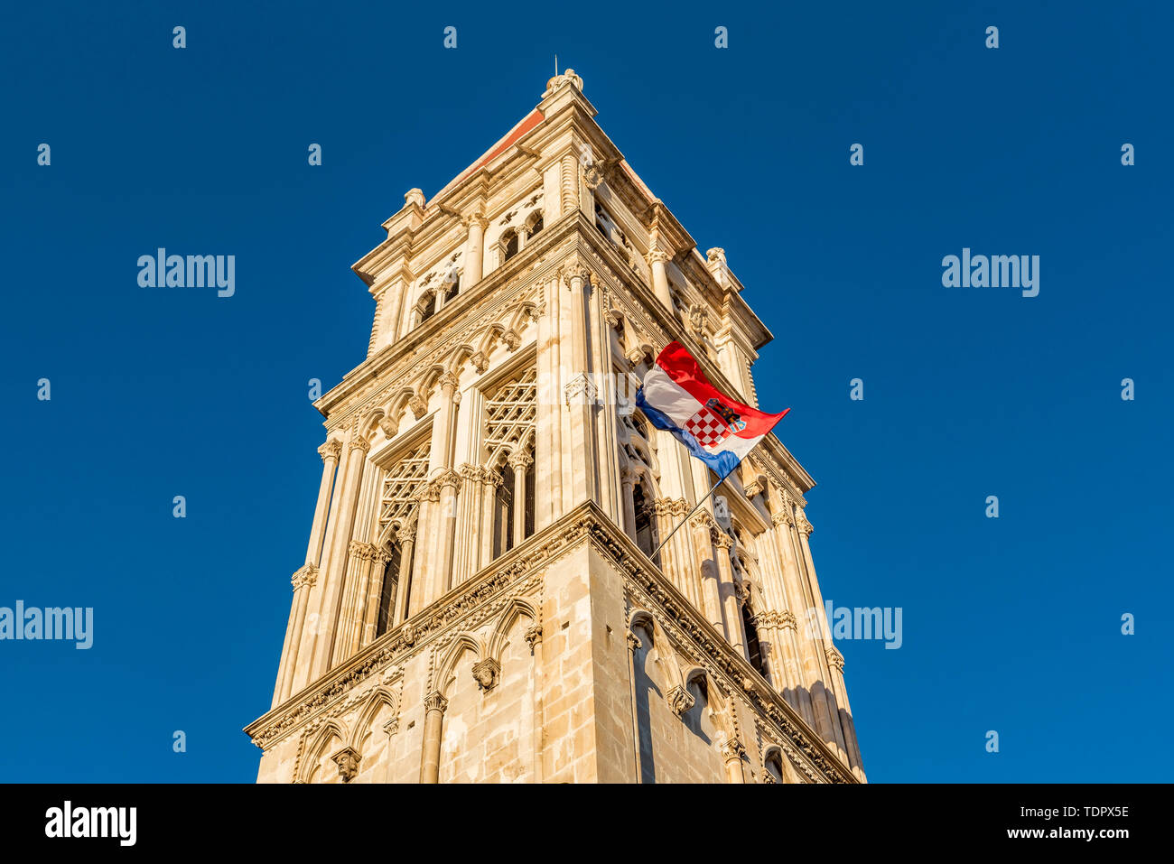 Bell Tower of Trogir Cathedral, or Cathedral of St Lawrence, in the historical city of Trogir; Trogir, Croatia Stock Photo
