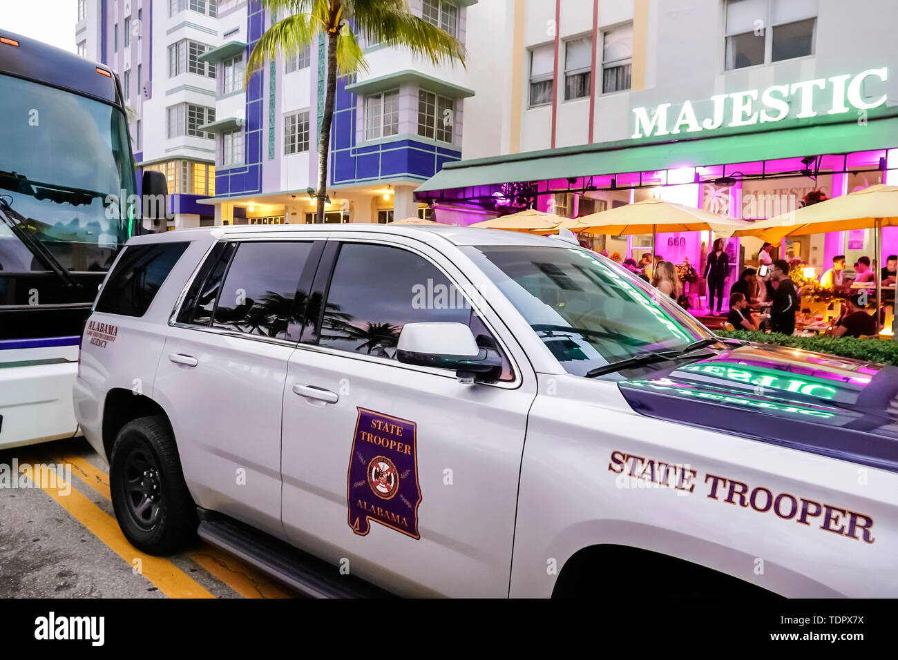 Miami Beach Florida,Ocean Drive,Orange Bowl Weekend,Alabama state trooper,SUV,team escort,out-of-state,law enforcement,visitors travel traveling tour Stock Photo