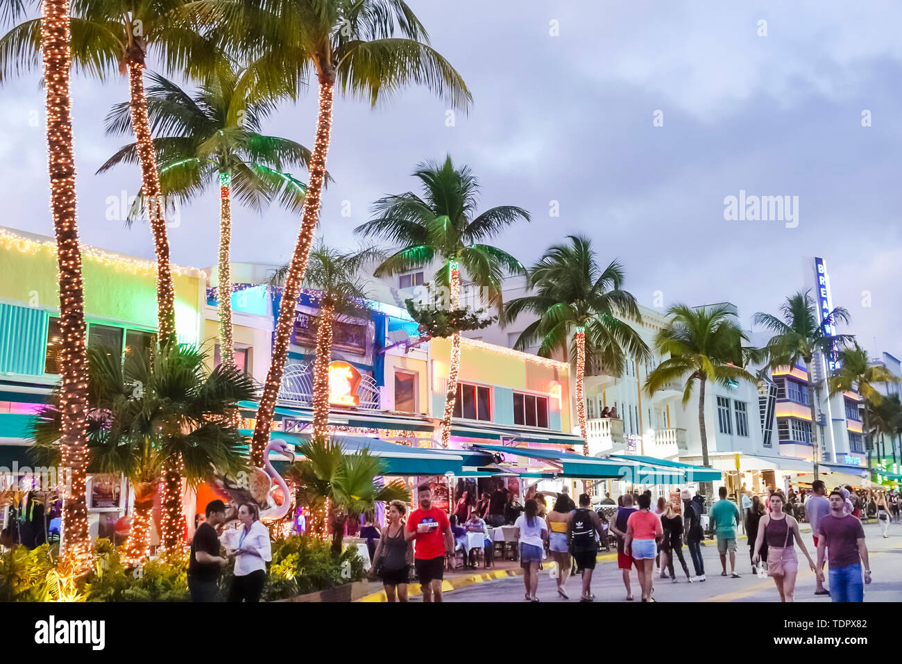 Miami Beach Florida,Ocean Drive,Orange Bowl 2018 festival,street closure,dusk,Mango's Cafe,bar lounge pub,exterior,lighting,palm trees,couple,man men Stock Photo