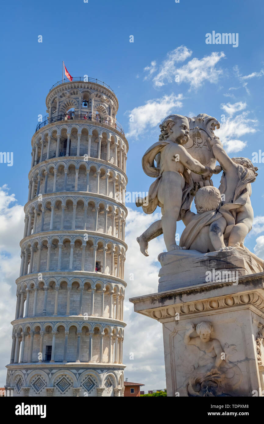 Leaning Tower of Pisa and statue; Pisa, Italy Stock Photo