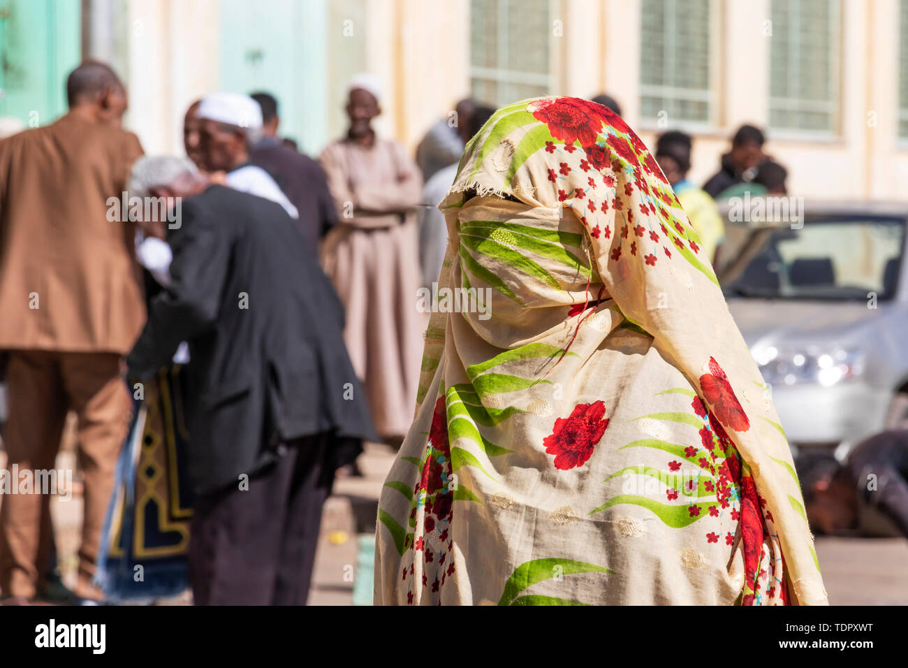 Eritrean woman in a burqa at the Great Mosque of Asmara, also known as Al Kulafah Al Rashidan; Asmara, Central Region, Eritrea Stock Photo