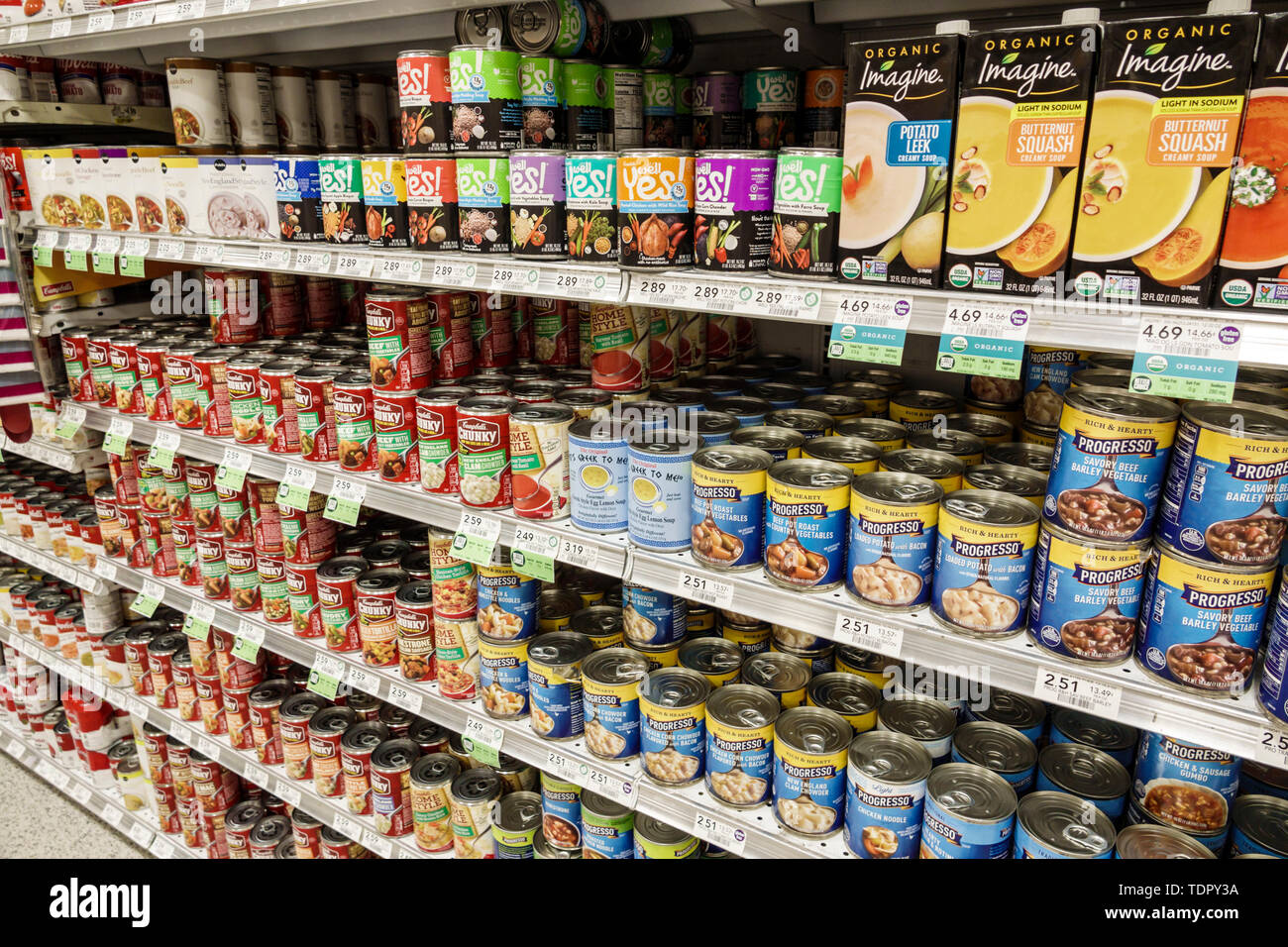 Miami Beach,North Beach,Publix,grocery store supermarket,inside interior,display sale,soup cans,Progresso,Campbell Chunky,organic,cartons,shelf shelve Stock Photo