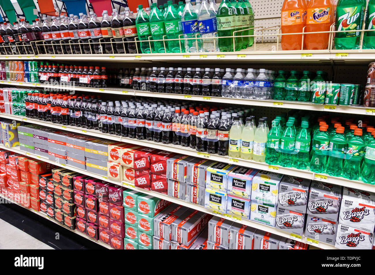 Sanibel Island Florida,Jerry's Foods,grocery store supermarket,inside interior,shelves display sale,soda,soft drinks,Coca-Cola,plastic bottles,7UP,Fan Stock Photo