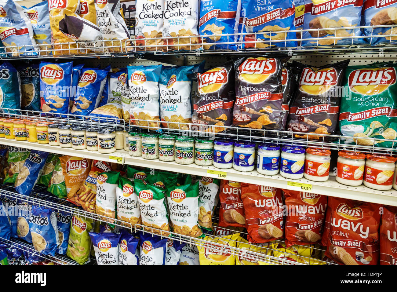 Sanibel Island Florida,Jerry's Foods,grocery store supermarket,inside interior,shelves display sale,snacks,potato chips,crisps,Lays,brand,junk food,vi Stock Photo