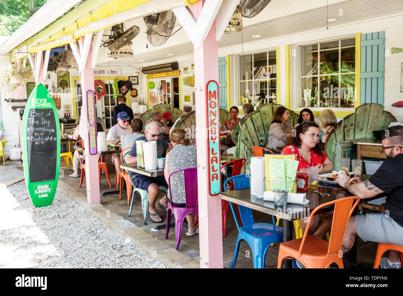 Sanibel Island Florida,The Island Cow,restaurant restaurants food dining cafe cafes,porch,al fresco,sidewalk outside tables dining street cafe,dining, Stock Photo