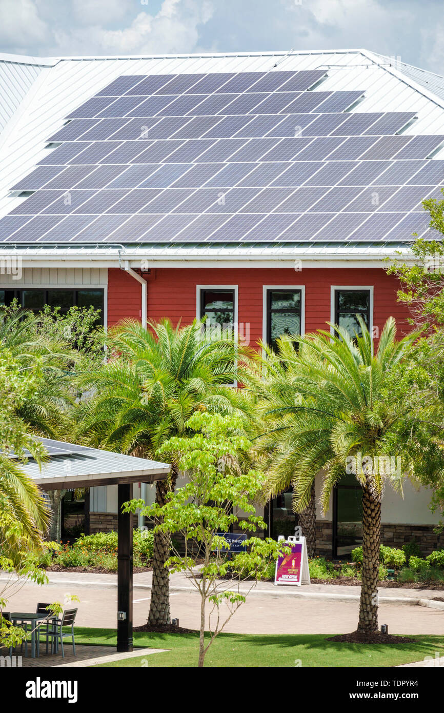 Babcock Ranch Florida,master planned community first solar-powered city,clean renewable energy,Founder's Square,roof solar panels,FL190510024 Stock Photo