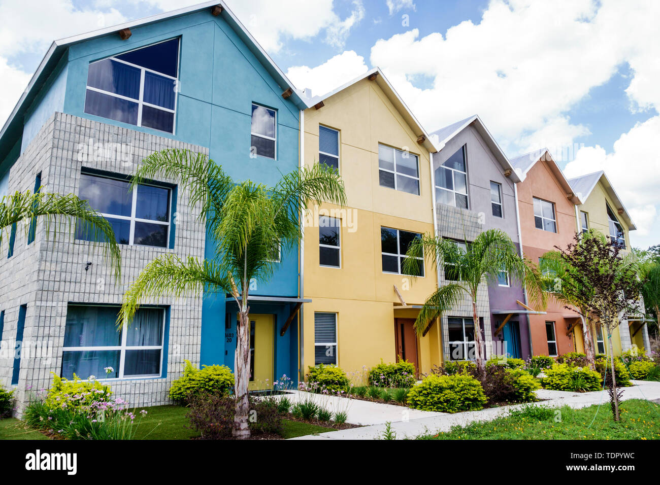 Orlando Florida,Park Lake Highland,Woodward Street,contemporary townhouse,Scandinavian-inspired architecture,brightly painted facade,FL190511043 Stock Photo