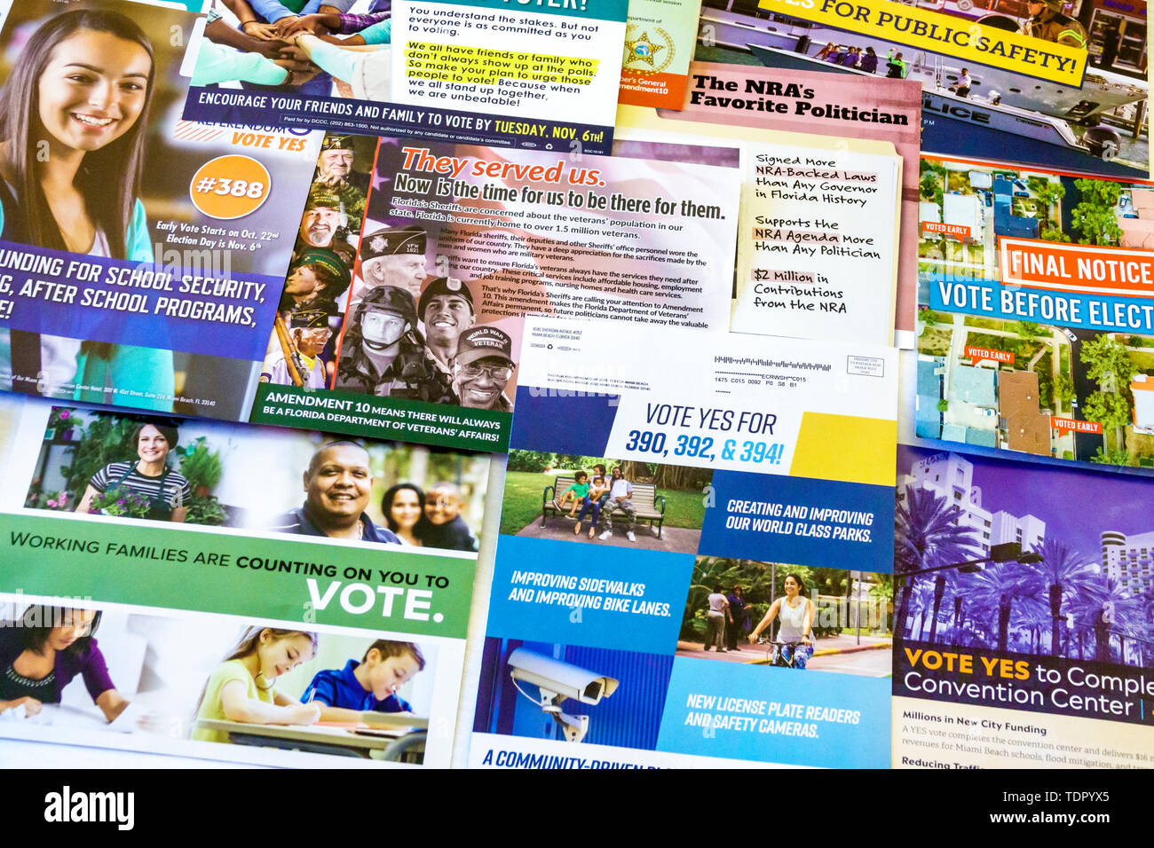 Miami Beach Florida,voting advice campaign campaigns mailers issue issues,negative campaigning,election flyers,FL190511063 Stock Photo