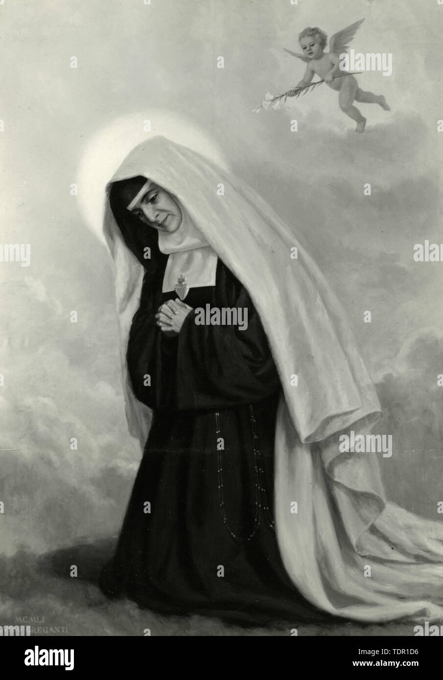 Portrait of Spanish nun Rafaela Porras Ayllon in prayer, painting by Guido Greganti, 1950s Stock Photo
