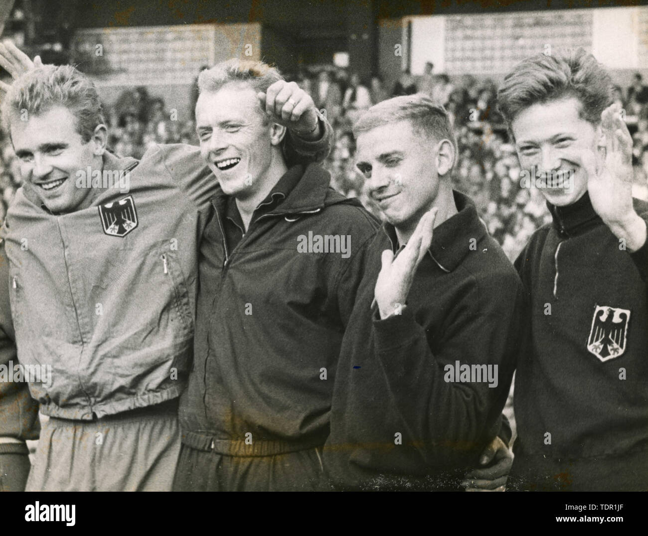German athletes Manfred Germar, Walter Mahlendorf, Armin Hary, and Bernd Cullmann, Olympics 1972, Munich, Germany Stock Photo