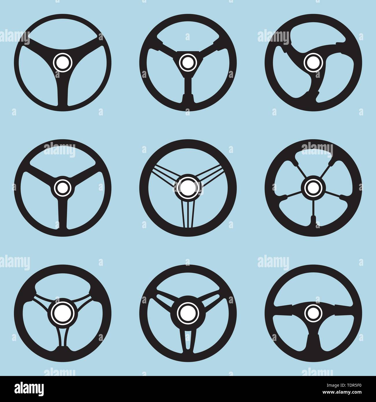 Set of boat steering wheels. Flat icons on bright blue background Stock Vector