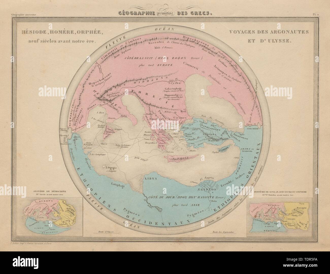 Ancient Greeks Hesiod Homer Orpheus world. Argonauts & Ulysses voyages c1871 map Stock Photo