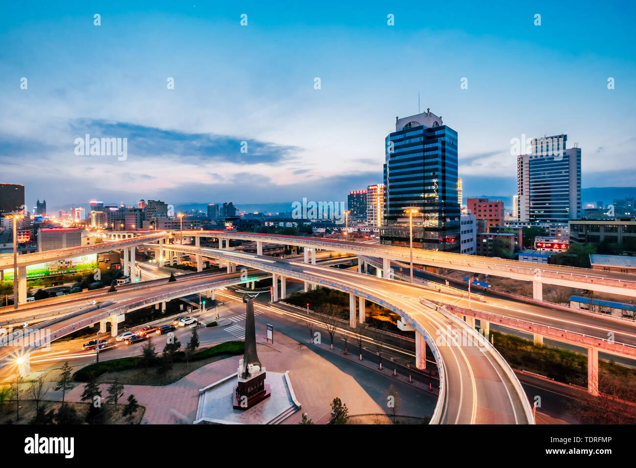 China's Inner Mongolia Hohhot Gulou overpass sunset scenery night Stock Photo
