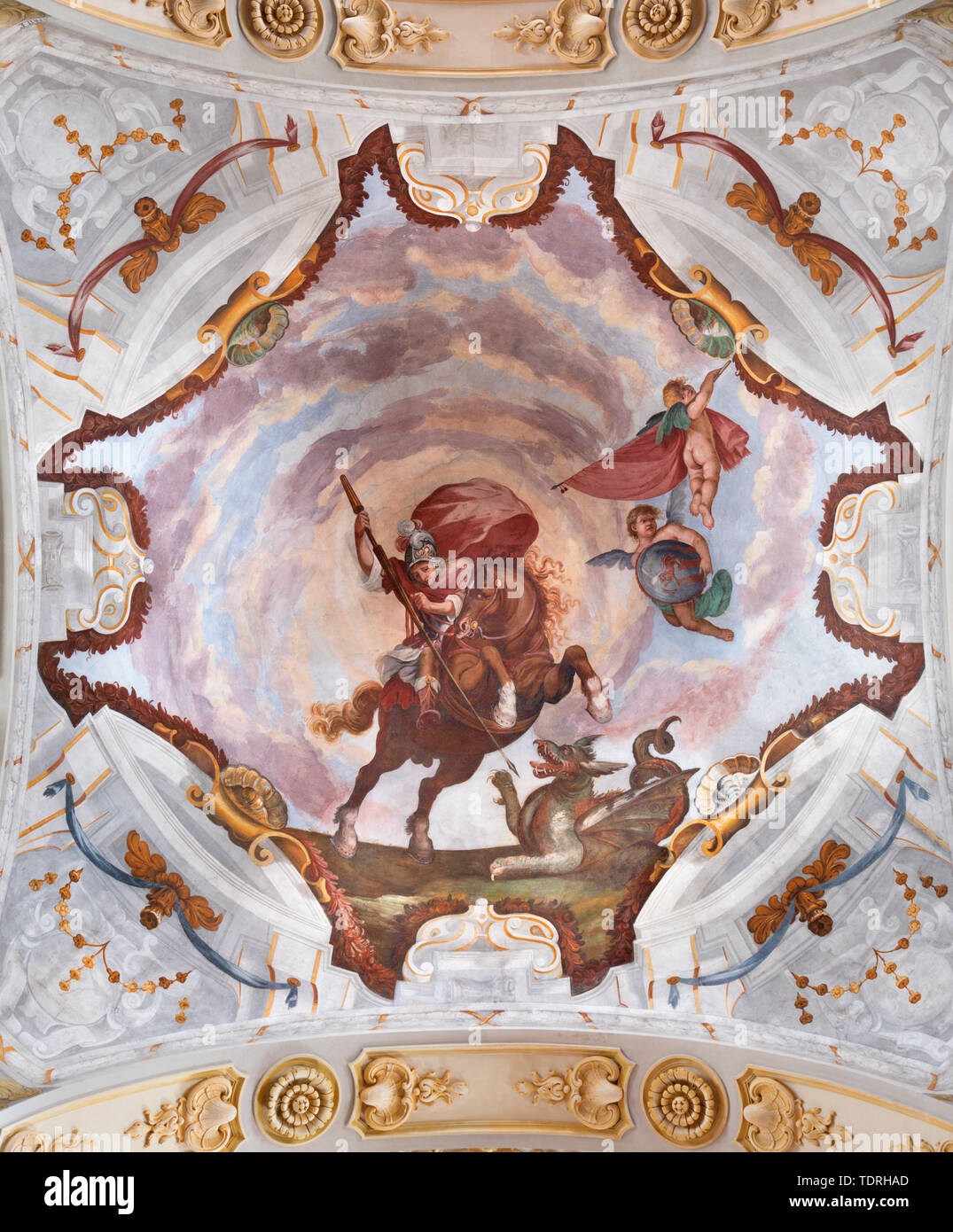 COMO, ITALY - MAY 8, 2015: The naroque fresco of St. George in chruch Chiesa di San Giorgio by Giovanni  Paolo Recchi (1686). Stock Photo