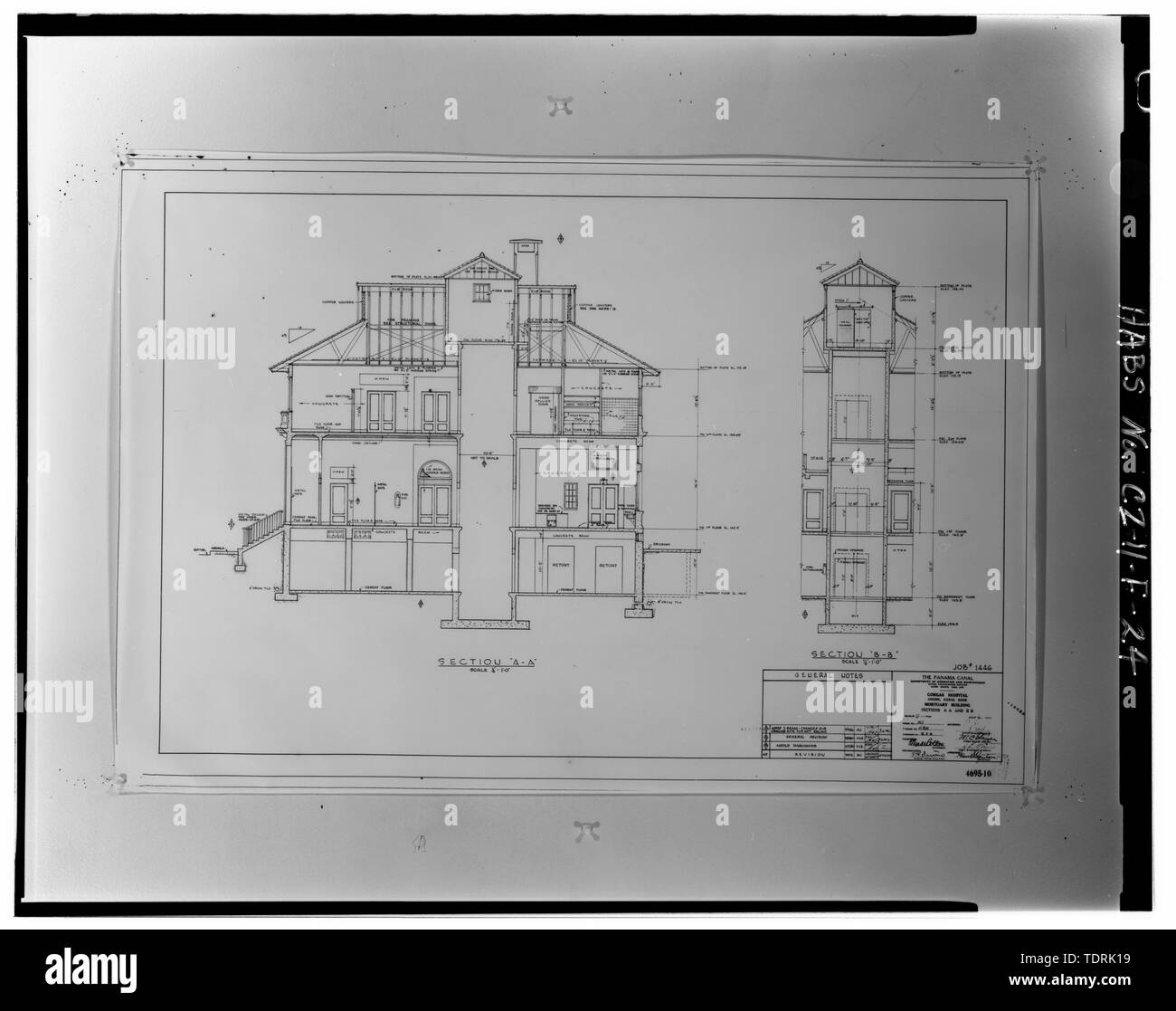 Photographic copy of architectural drawing no. 4695-10 dated 1941 on file at the Engineering and Planning Office, Panama Canal Commission, Balboa, Republic and Panama. Cross sections A-A and B-B. - Gorgas Hospital, Mortuary and Chapel, Gorgas Road, Balboa Heights, Former Panama Canal Zone, CZ Stock Photo