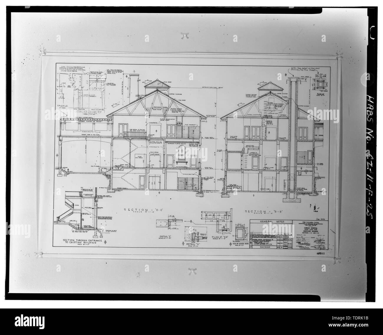 Photographic copy of architectural drawing no. 4695-11 dated 1941 on file at the Engineering and Planning Office, Panama Canal Commission, Balboa, Republic and Panama. Cross sections C-C and D-D. - Gorgas Hospital, Mortuary and Chapel, Gorgas Road, Balboa Heights, Former Panama Canal Zone, CZ Stock Photo