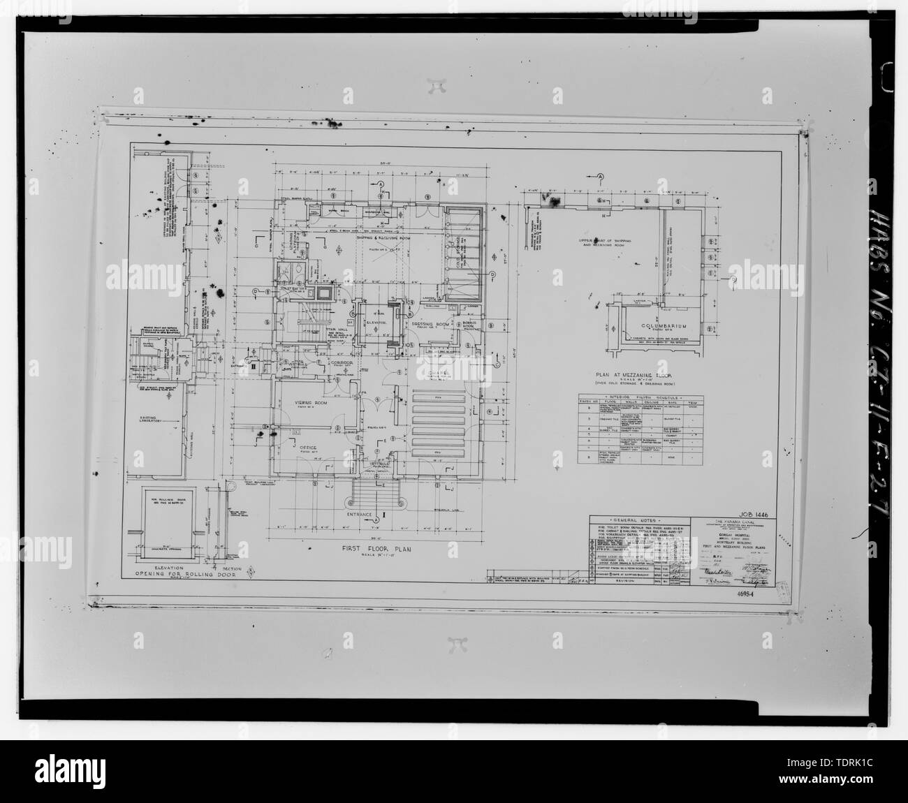 Photographic copy of architectural drawing no. 4695-4 dated 1941 on file at the Engineering and Planning Office, Panama Canal Commission, Balboa, Republic and Panama. First floor plan. - Gorgas Hospital, Mortuary and Chapel, Gorgas Road, Balboa Heights, Former Panama Canal Zone, CZ Stock Photo