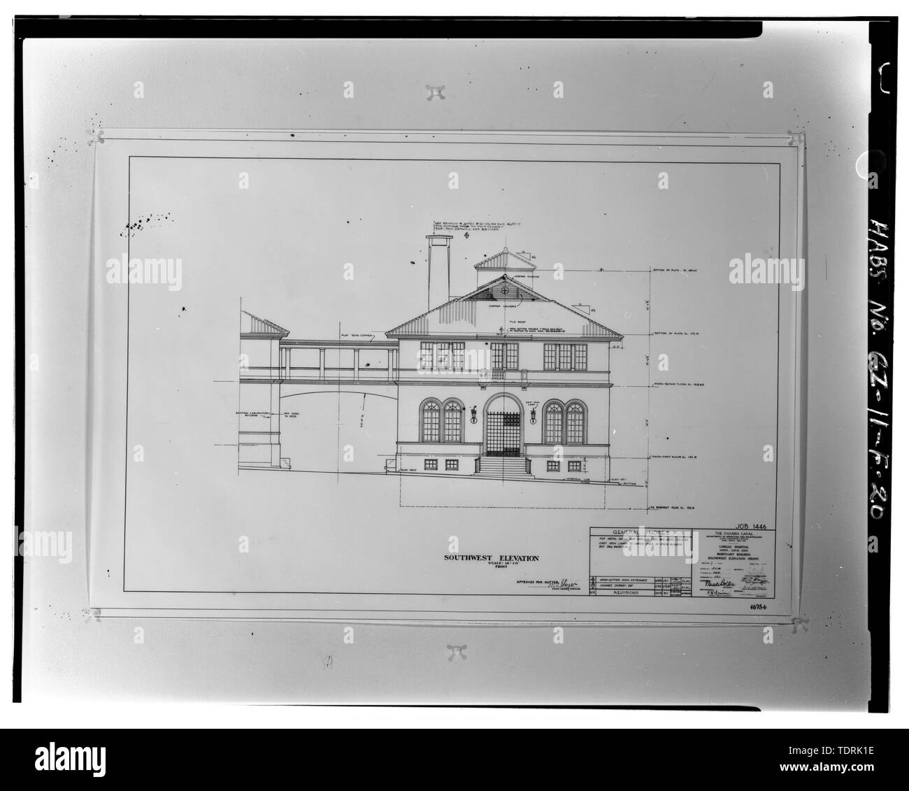Photographic copy of architectural drawing no. 4695-6 dated 1941 on file at the Engineering and Planning Office, Panama Canal Commission, Balboa, Republic and Panama. Front elevation. - Gorgas Hospital, Mortuary and Chapel, Gorgas Road, Balboa Heights, Former Panama Canal Zone, CZ Stock Photo