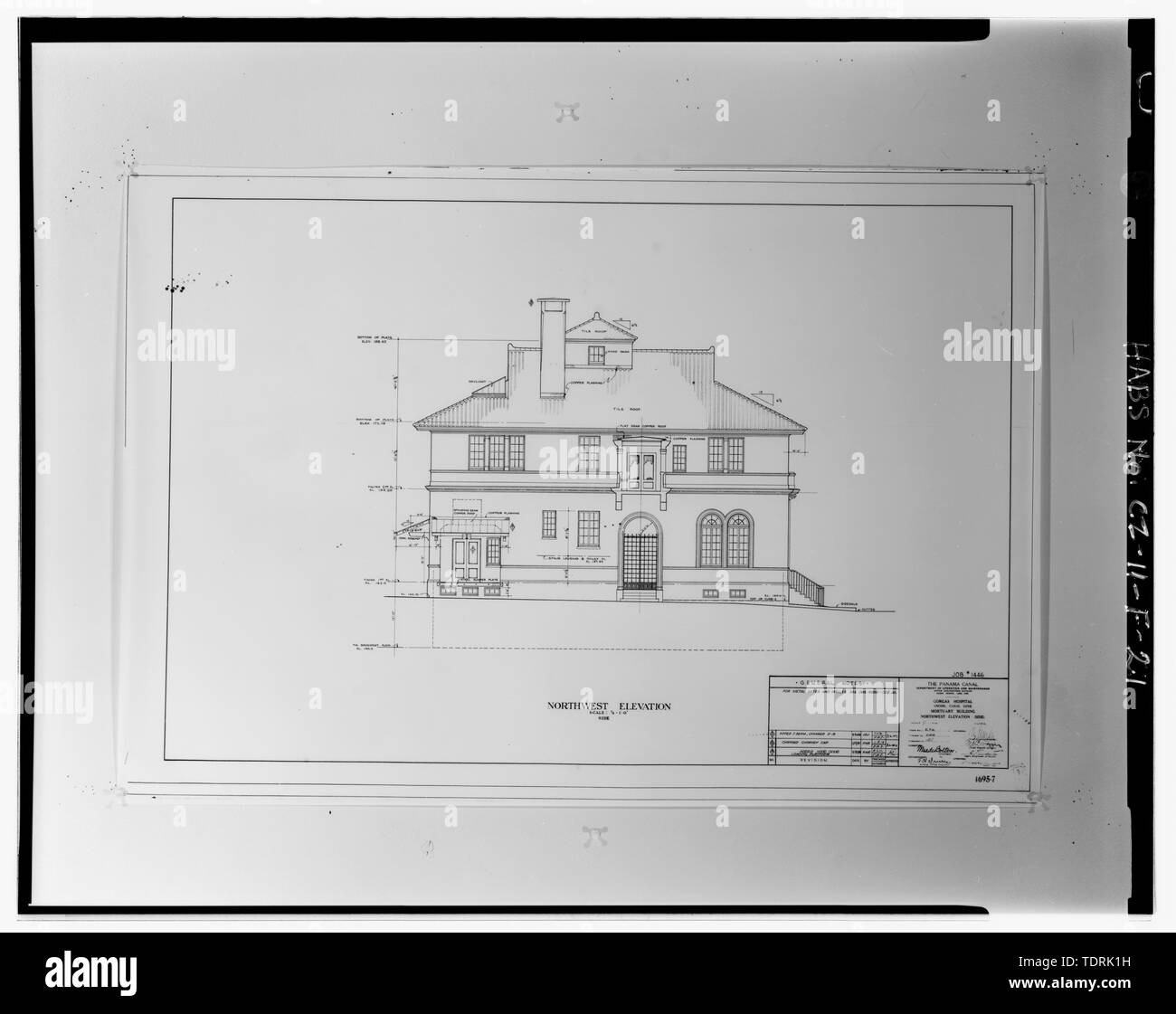 Photographic copy of architectural drawing no. 4695-7 dated 1941 on file at the Engineering and Planning Office, Panama Canal Commission, Balboa, Republic and Panama. Northwest side elevation. - Gorgas Hospital, Mortuary and Chapel, Gorgas Road, Balboa Heights, Former Panama Canal Zone, CZ Stock Photo
