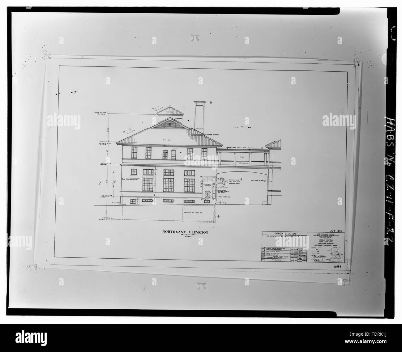 Photographic copy of architectural drawing no. 4695-8 dated 1941 on file at the Engineering and Planning Office, Panama Canal Commission, Balboa, Republic and Panama. Rear elevation. - Gorgas Hospital, Mortuary and Chapel, Gorgas Road, Balboa Heights, Former Panama Canal Zone, CZ Stock Photo