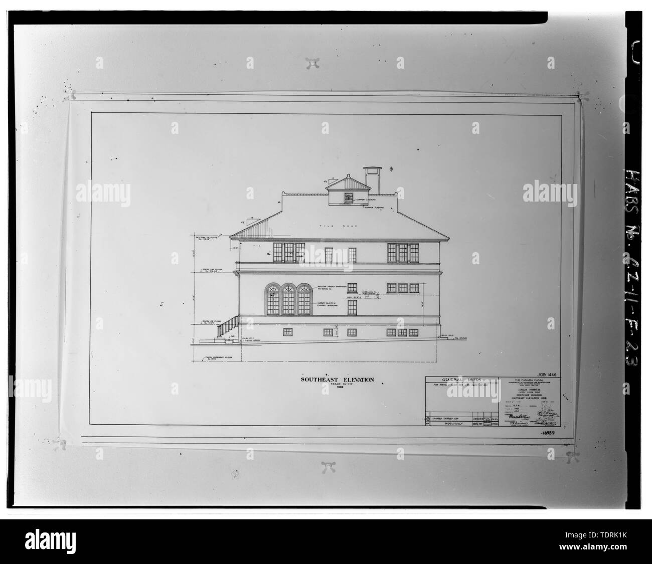 Photographic copy of architectural drawing no. 4695-9 dated 1941 on file at the Engineering and Planning Office, Panama Canal Commission, Balboa, Republic and Panama. Southeast elevation. - Gorgas Hospital, Mortuary and Chapel, Gorgas Road, Balboa Heights, Former Panama Canal Zone, CZ Stock Photo