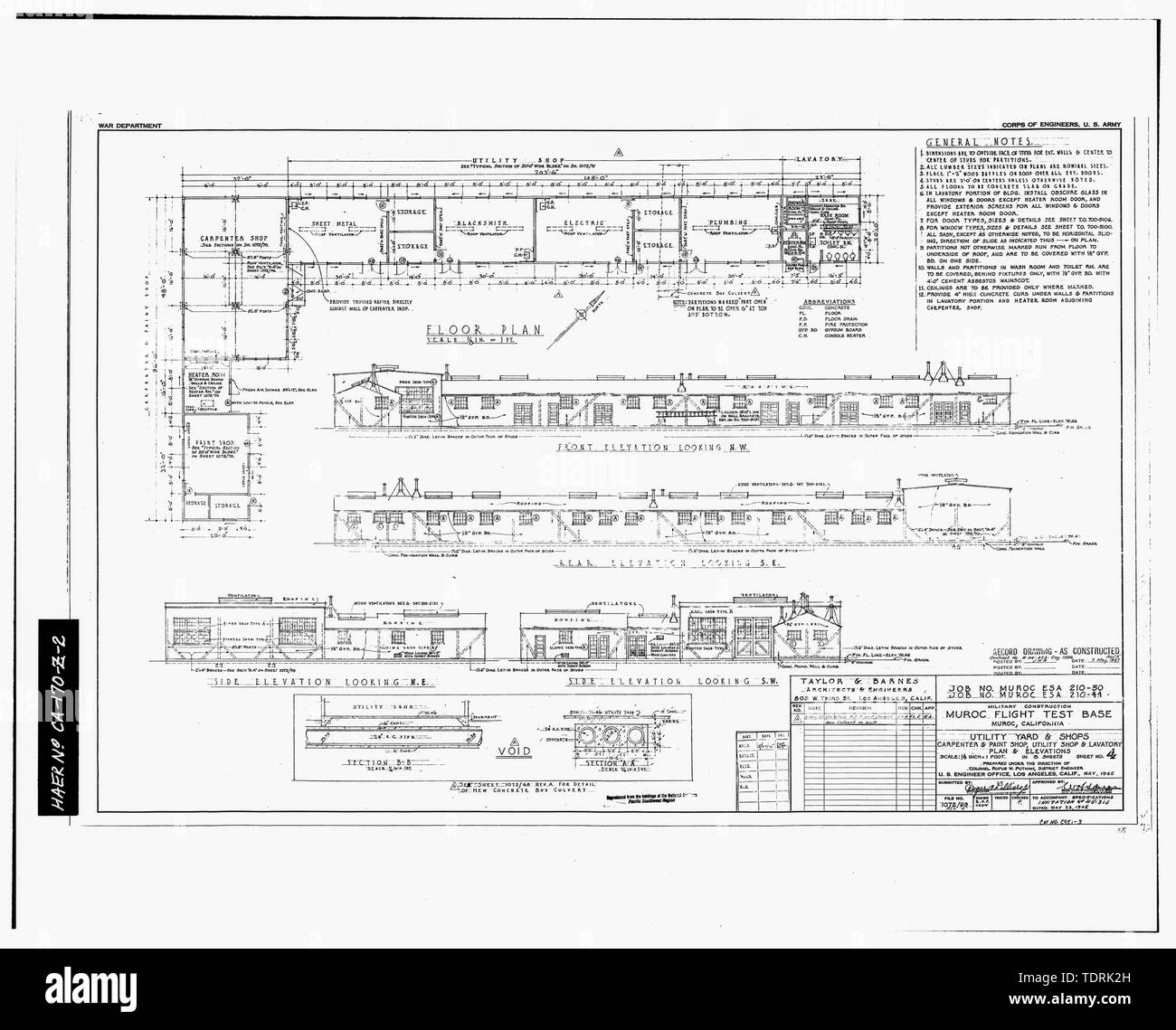 Photographic copy of architectural drawings for Building 4315- Taylor and Barnes, Architects and Engineers, 803 W. Third Street, Los Angeles California), O.C.E. (Office of Civil Engineer) Job No. Muroc ESA 210-50 and 210-44, Military Construction- Muroc Flight Test Base, Muroc, California, Utility Yard and Shops- Carpenter and Paint Shop, Utility Shop and Lavatory, Plan and Elevations, Sheet No. 4 of 8, May 1945. Reproduced from the holdings of the National Archives, Pacific Southwest Region;  - Edwards Air Force Base, North Base, Utility and Paint Shop, Second and E Streets, Boron, Kern Count Stock Photo