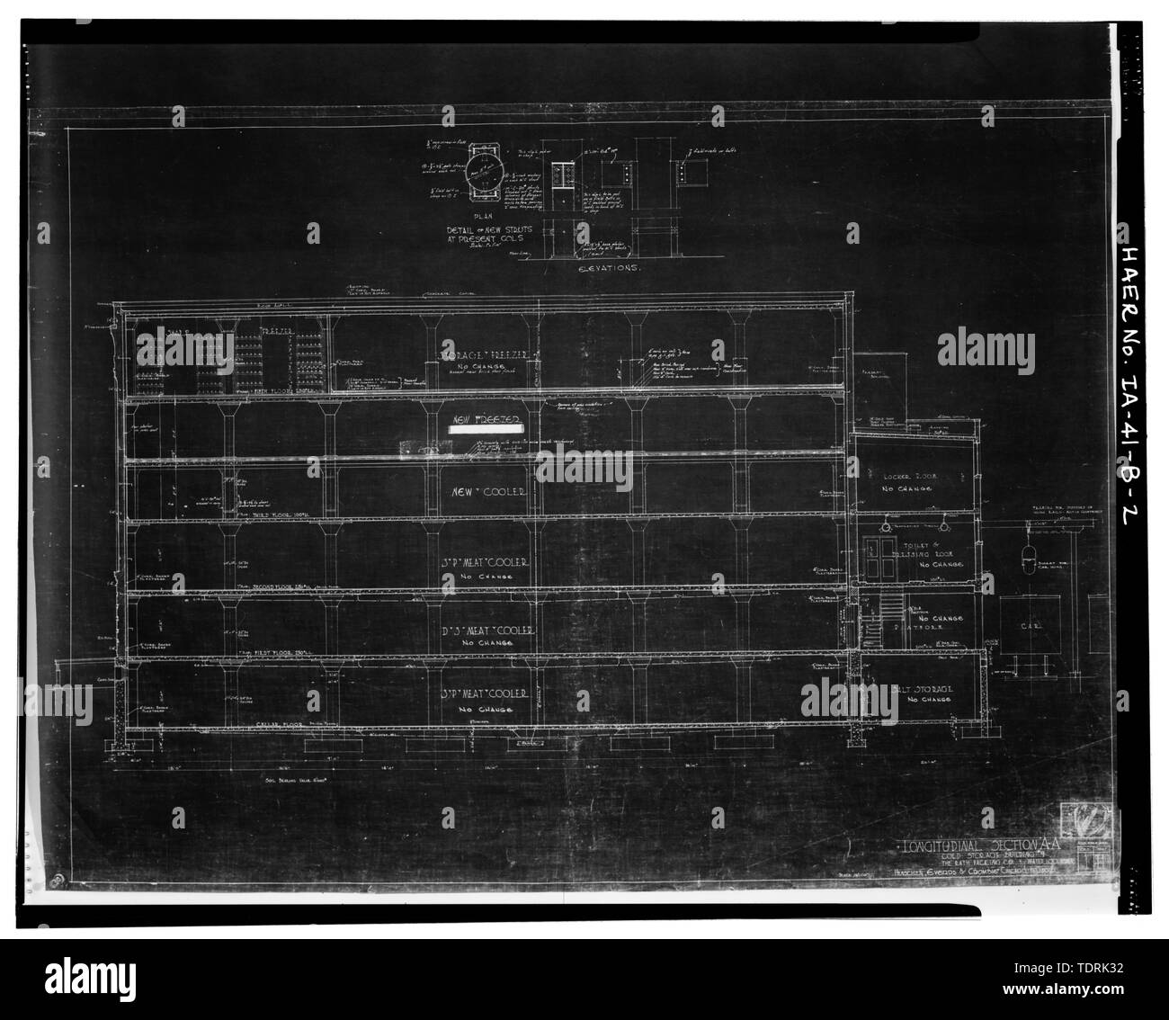 Photographic copy of blueprint dated 1916; Henschien and McLaren, architects, Chicago; Original in collection of Rath drawings and blueprints owned by Waterloo Community Development Board, Waterloo, Iowa; LONGITUDINAL SECTION - Rath Packing Company, Cold Storage Building, Sycamore Street between Elm and Eighteenth Streets, Waterloo, Black Hawk County, IA Stock Photo