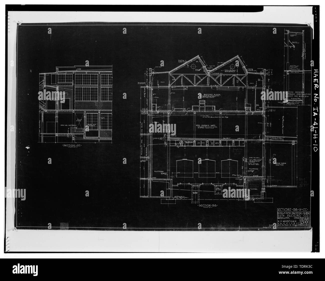 Photographic copy of blueprint dated 1931; H.P. Henschien, Chicago, architect; Original in collection of Rath drawings and blueprints owned by Waterloo Community Development Board, Waterloom, Iowa; SECTION OF BUILDING 92, SHOWING STRUCTURAL SYSTEM - Rath Packing Company, Hog Dressing Building, Sycamore Street between Elm and Eighteenth Streets, Waterloo, Black Hawk County, IA Stock Photo