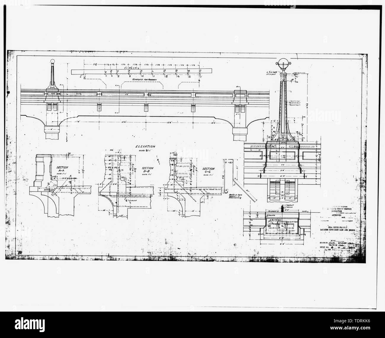 Photographic copy of construction drawing, no date, in possession of SCIP Office, Coolidge, AZ. United States Indian Service, Irrigation. Untitled. DETAIL OF BRIDGE SPAN AND LAMP POST. - San Carlos Irrigation Project, Sacaton Dam and Bridge, Gila River, T4S R6E S12-13, Coolidge, Pinal County, AZ Stock Photo