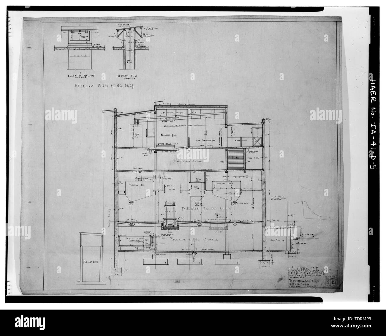 Photographic copy of ink-co-linen drawing dated 1923; Henschien and McLaren Architects, Chicago; Original in collection of Rath drawings and blueprints owned by Waterloo Community Development Board, Waterloo, Iowa; SECTION, SHOWING LOCATIONS OF KILLING FLOOR AND BY-PRODUCTS DEPARTMENTS - Rath Packing Company, Hog Killing and By-Products Building, Sycamore Street between Elm and Eighteenth Streets, Waterloo, Black Hawk County, IA Stock Photo