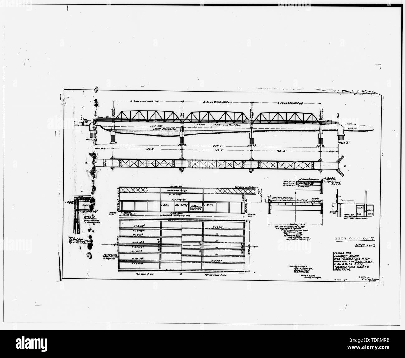 Photographic copy of microfilm of original construction drawing, dated February 1915, in the possession of the Yellowstone County Surveyor, Yellowstone County Courthouse, Billings, Montana. - Duck Creek Bridge, Spanning Yellowstone River on Route 329, Southwest of Billings, Billings, Yellowstone County, MT Stock Photo