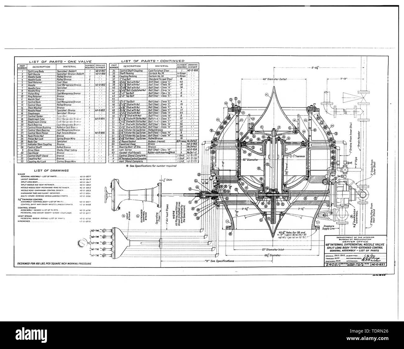Photographic copy of original construction drawing dated October 24, 1930 (from Record Group 115, Denver Branch of the National Archives, Denver). 48 INTERNAL DIFFERENTIAL NEEDLE VALVE, SPLIT LONG BODY TYPE-EXTENDED CONTROL, GENERAL ASSEMBLY-LIST OF PARTS. - Owyhee Dam, Across Owyhee River, Nyssa, Malheur County, OR Stock Photo