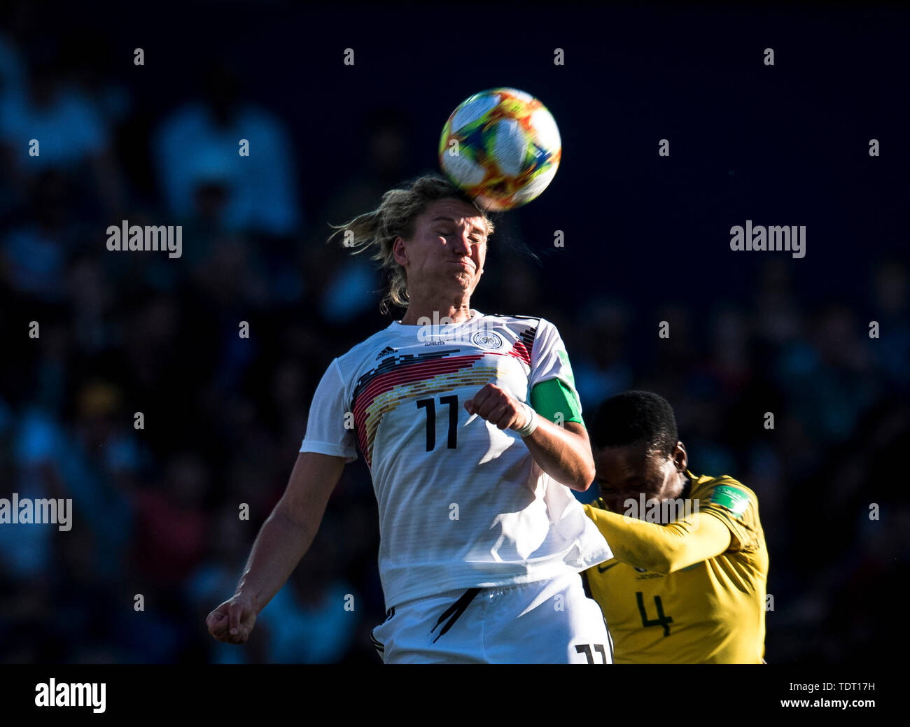 Montpellier. 17th June, 2019. Alexandra Popp (L) of Germany competes during the group B match between Germany and South Africa at the 2019 FIFA Women's World Cup in Montpellier, France on June 17, 2019. Credit: Xiao Yijiu/Xinhua/Alamy Live News Stock Photo