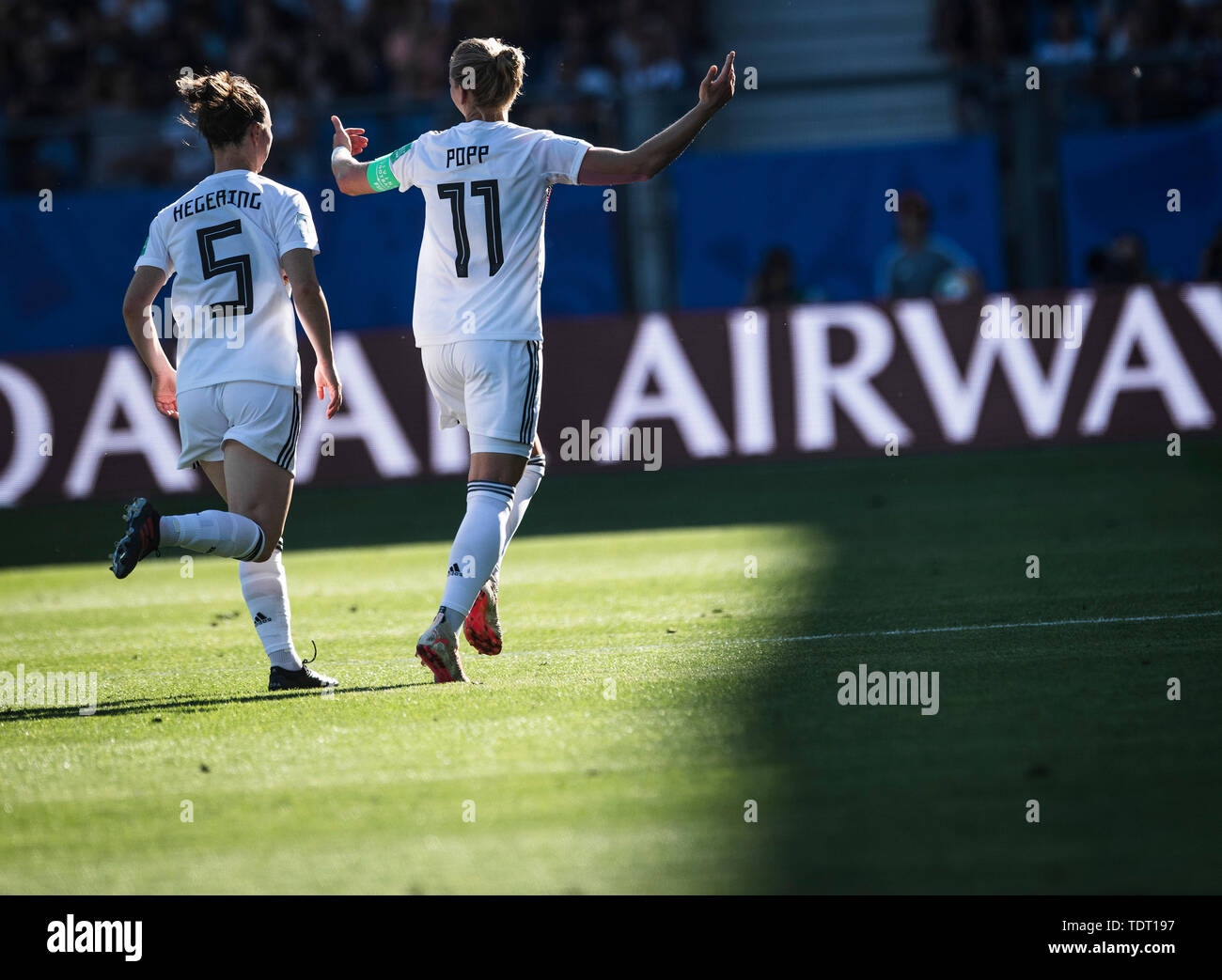 Montpellier. 17th June, 2019. Alexandra Popp (R) of Germany celebrates with Marina Hegering during the group B match between Germany and South Africa at the 2019 FIFA Women's World Cup in Montpellier, France on June 17, 2019. Credit: Xiao Yijiu/Xinhua/Alamy Live News Stock Photo