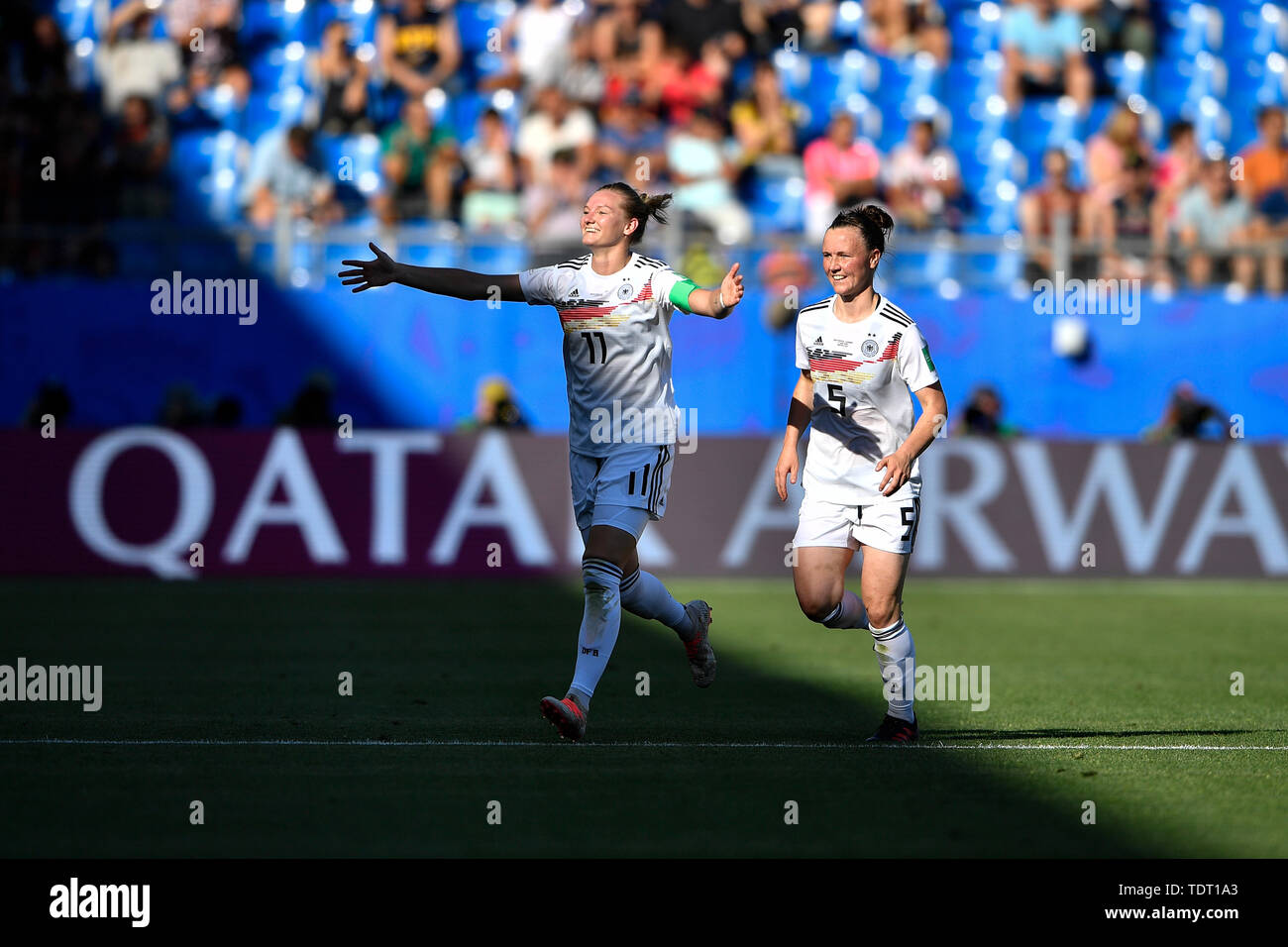 Montpellier. 17th June, 2019. Alexandra Popp (L) of Germany celebrates after scoring during the group B match between Germany and South Africa at the 2019 FIFA Women's World Cup in Montpellier, France on June 17, 2019. Credit: Chen Yichen/Xinhua/Alamy Live News Stock Photo