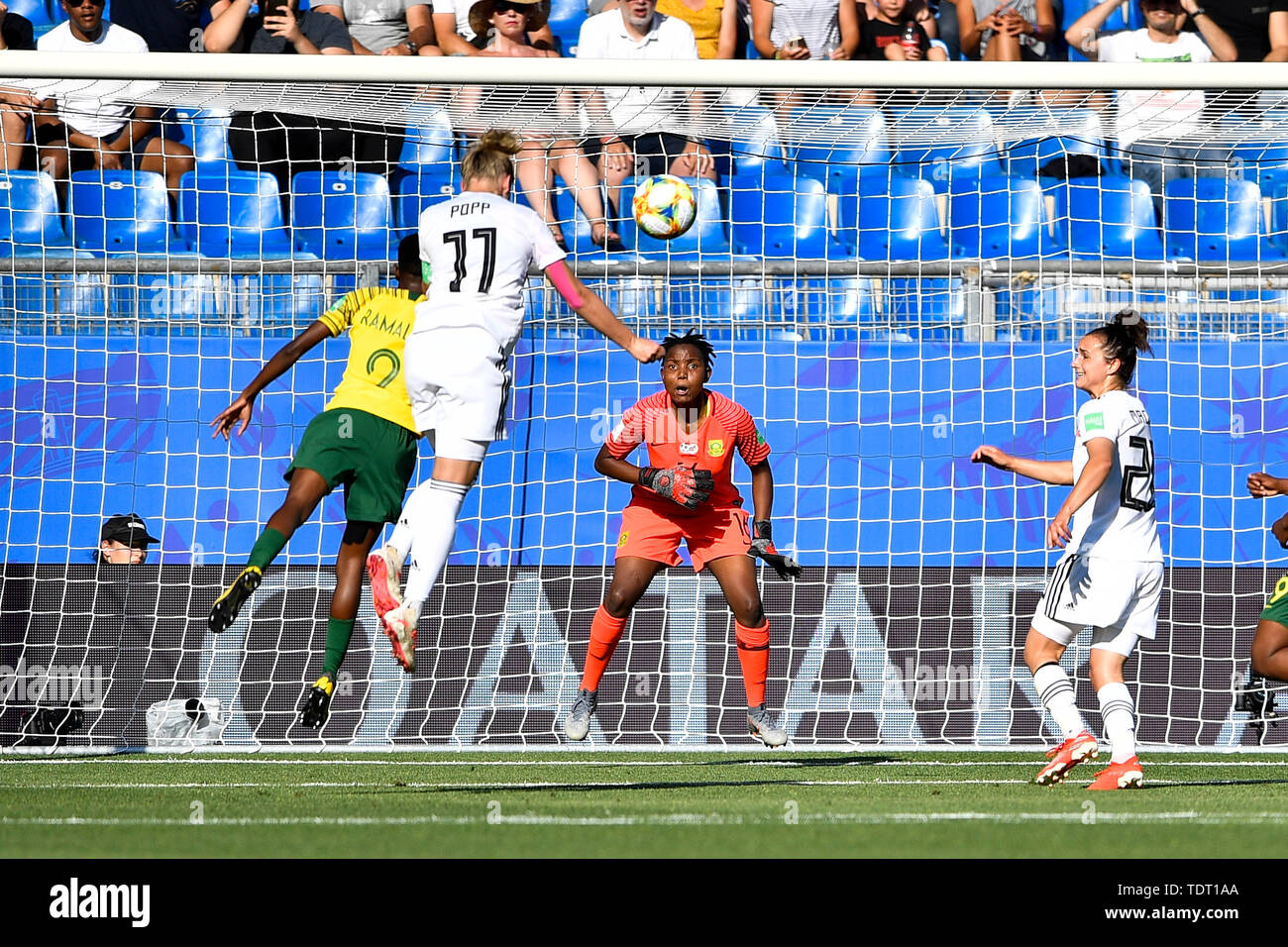 Montpellier. 17th June, 2019. Alexandra Popp (2nd L) of Germany scores during the group B match between Germany and South Africa at the 2019 FIFA Women's World Cup in Montpellier, France on June 17, 2019. Credit: Chen Yichen/Xinhua/Alamy Live News Stock Photo