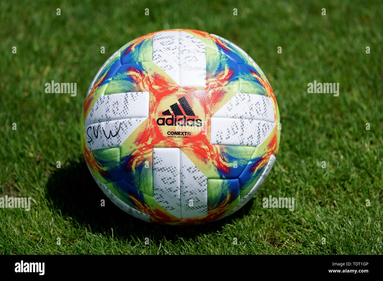 Mannheim, Deutschland. 17th June, 2019. A ball of the brand Adidas Conext 19  is on the pitch, official ball of the 3rd league in the season 2019 2020,  official match ball, symbol
