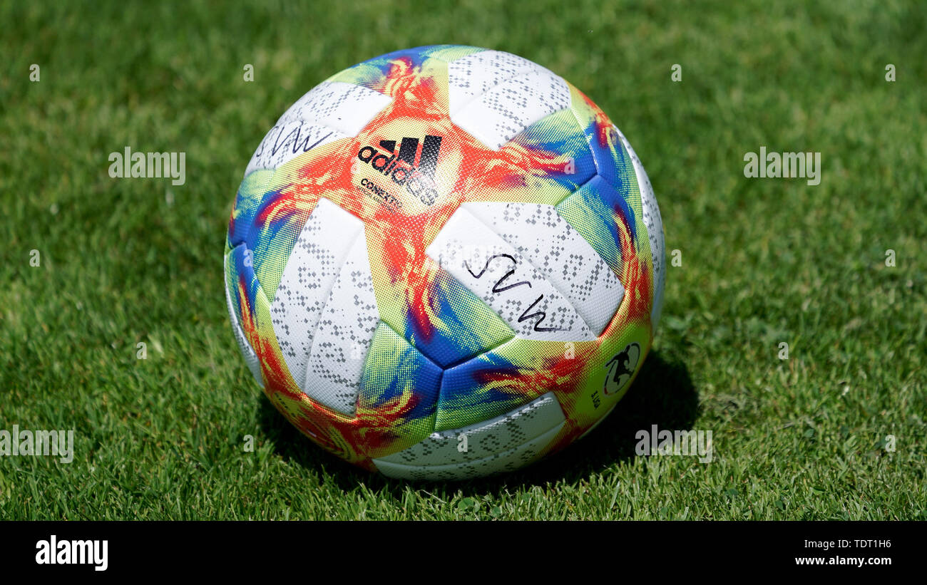 Mannheim, Deutschland. 17th June, 2019. A ball of the brand Adidas Conext 19  is on the pitch, official ball of the 3rd league in the season 2019 2020,  official match ball, symbol