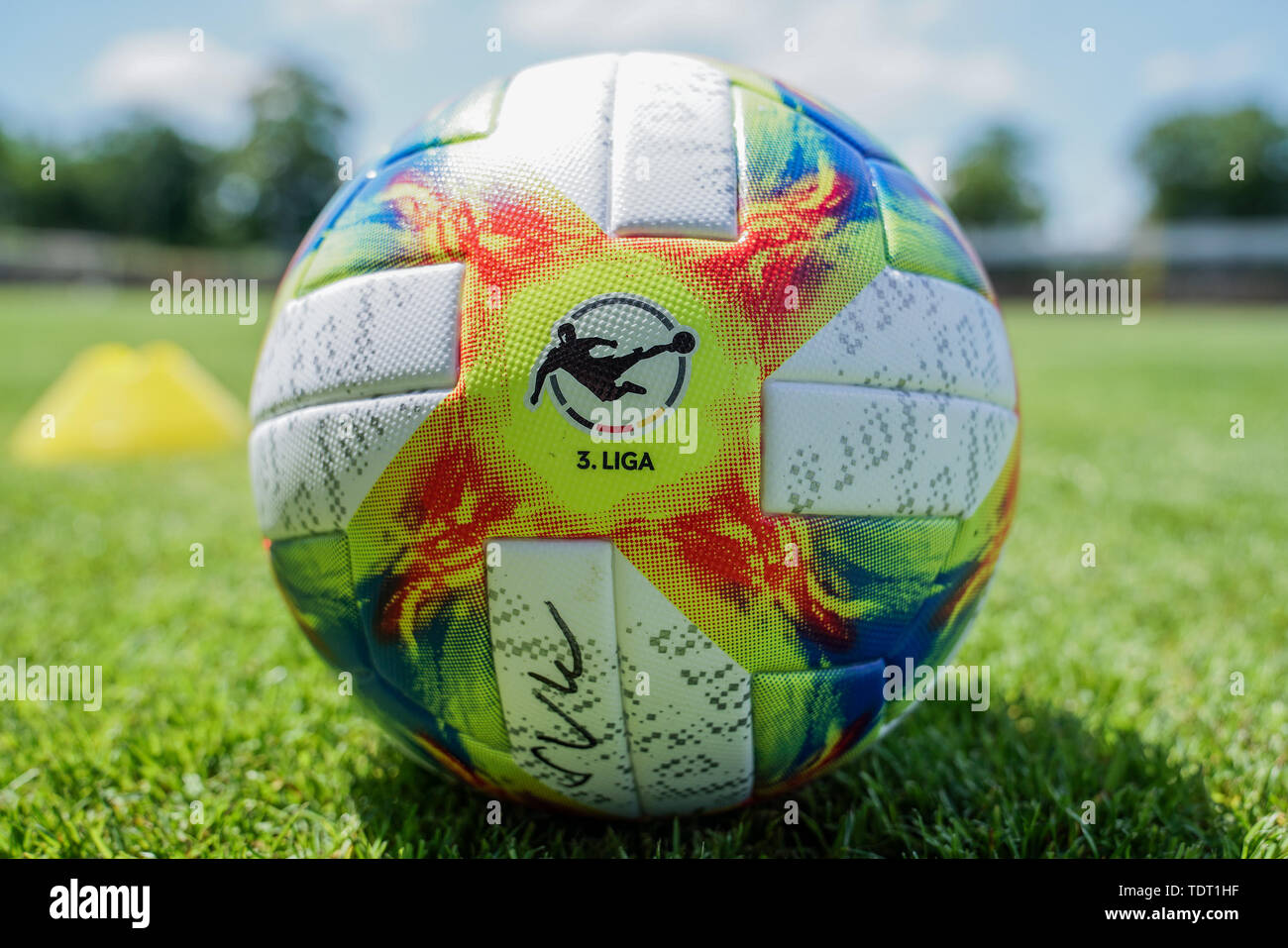 Mannheim, Deutschland. 17th June, 2019. A ball of the brand Adidas Conext 19  is on the pitch, official match ball of the 3rd league 2019 2020, official  match ball, symbol photo, symbol