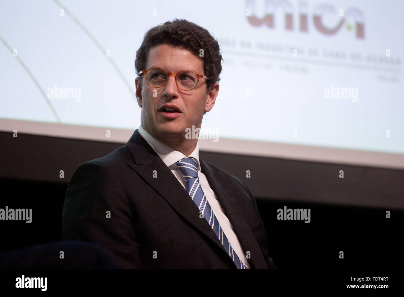 Sao Paulo, Sao Paulo, Brazil. 17th June, 2019. RICARDO SALLES, Minister for the Environment, attends the Ethanol Summit 2019, organized by the Sugar Cane Industry Union, at the headquarters of the Federation of Commerce, in Sao Paulo. The meeting brings together entrepreneurs, researchers and companies focused on renewable energies, especially ethanol and sugar cane derivatives. Credit: Paulo Lopes/ZUMA Wire/Alamy Live News Stock Photo