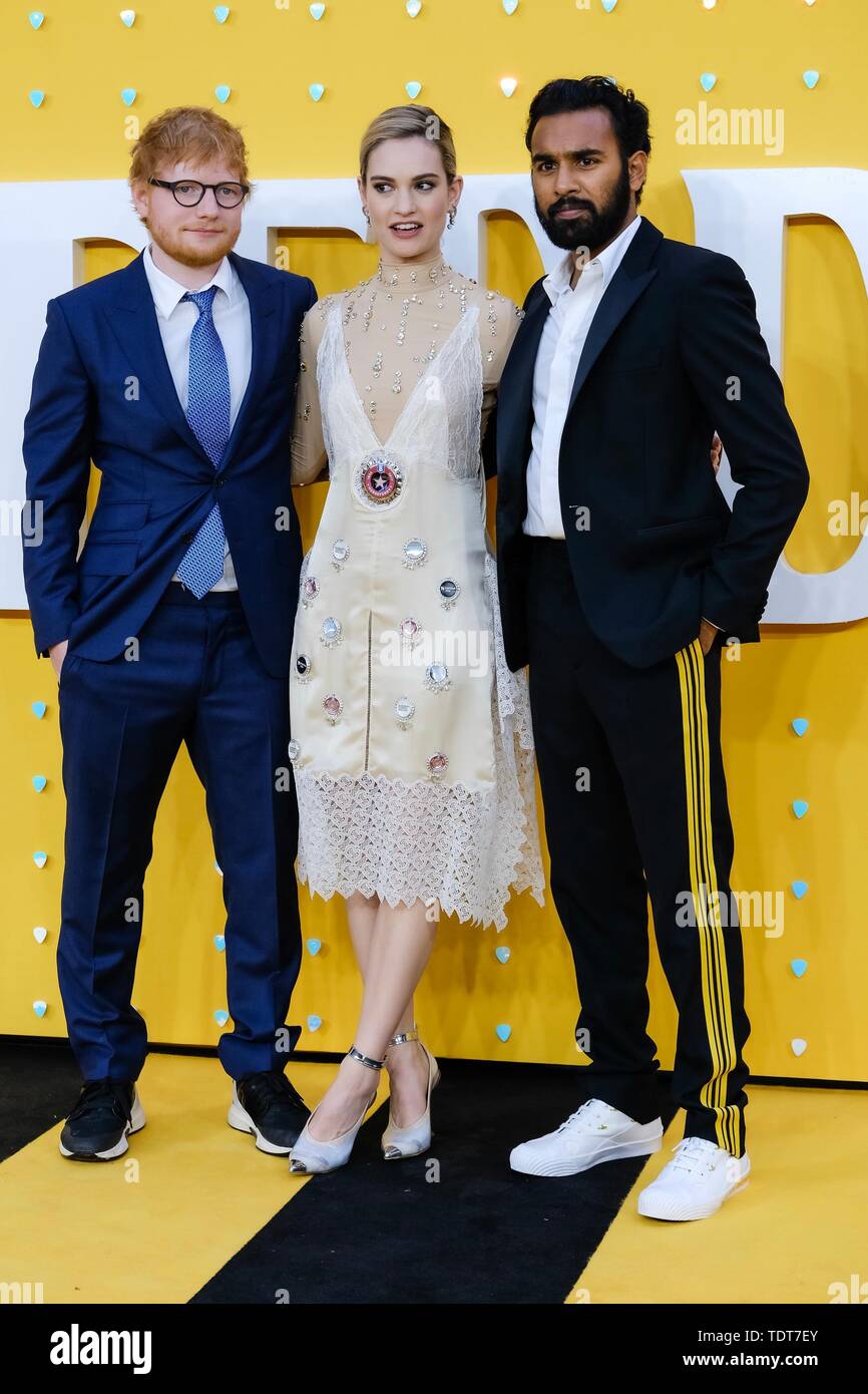 London, UK. 18th June, 2019. Ed Sheeran, Lily James and Himesh Patel poses  on the red carpet for the UK premiere of YESTERDAY held at the Odeon Luxe,  Leicester Square, London on