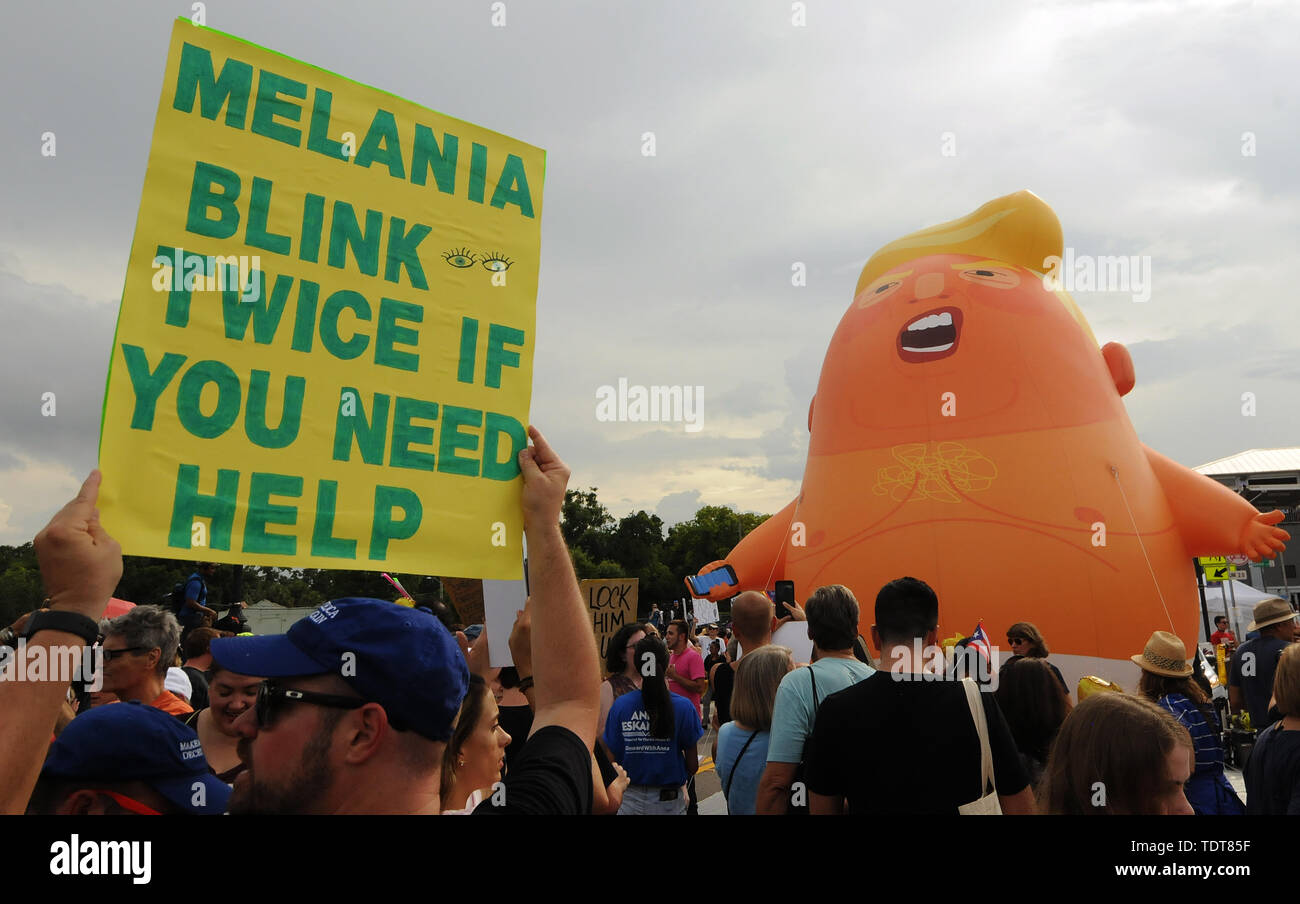 Orlando, Florida, USA. 18th June, 2019. A Trump baby balloon is seen near the site of a Make America Great Again rally at the Amway Center on June 18, 2019 in Orlando, Florida. The rally is billed as U.S. President Donald Trump's kick-off event for his campaign for re-election in 2020. Credit: Paul Hennessy/Alamy Live News Stock Photo