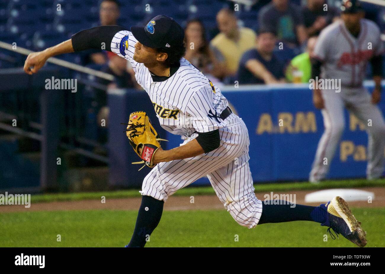 Trenton, New Jersey, USA. 18th June, 2019. The New York Yankees' number  four prospect, 20-year-old pitcher DEIVI GARCIA of the Trenton Thunder, was  promoted to the Scranton/Wilkes-Barre RailRiders today after he was