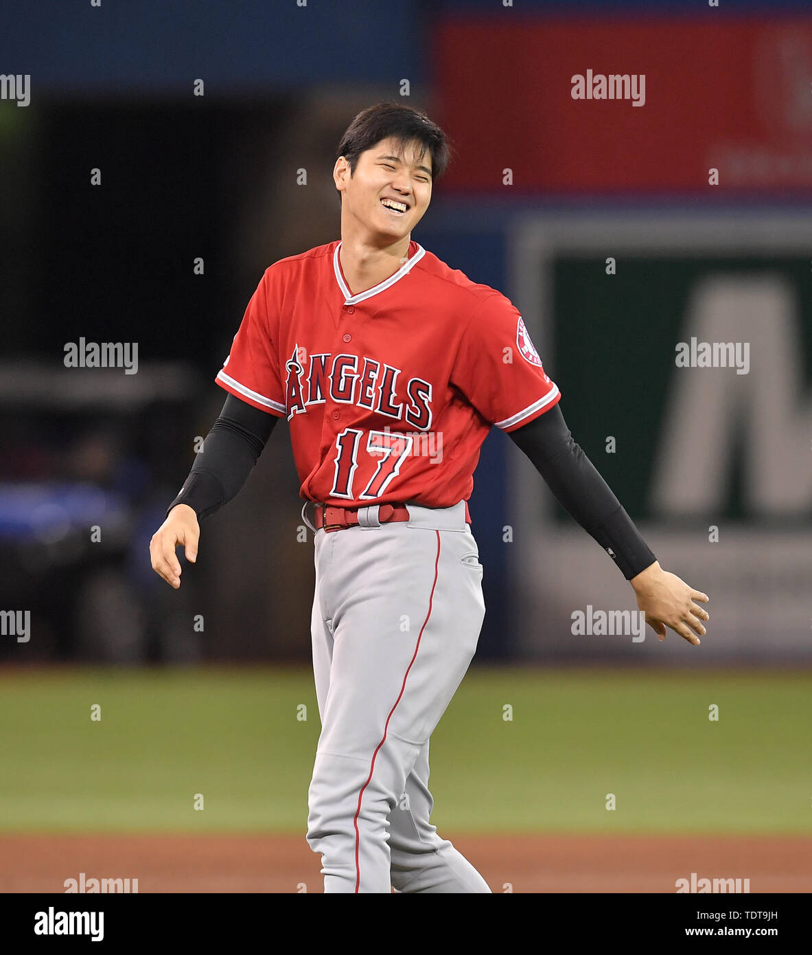 Toronto, Canada. 17th June, 2019. Los Angeles Angels' Shohei Ohtani celebrates after winning the Major League Baseball game against the Toronto Blue Jays at Rogers Centre in Toronto, Canada, June 17, 2019. Credit: AFLO/Alamy Live News Stock Photo