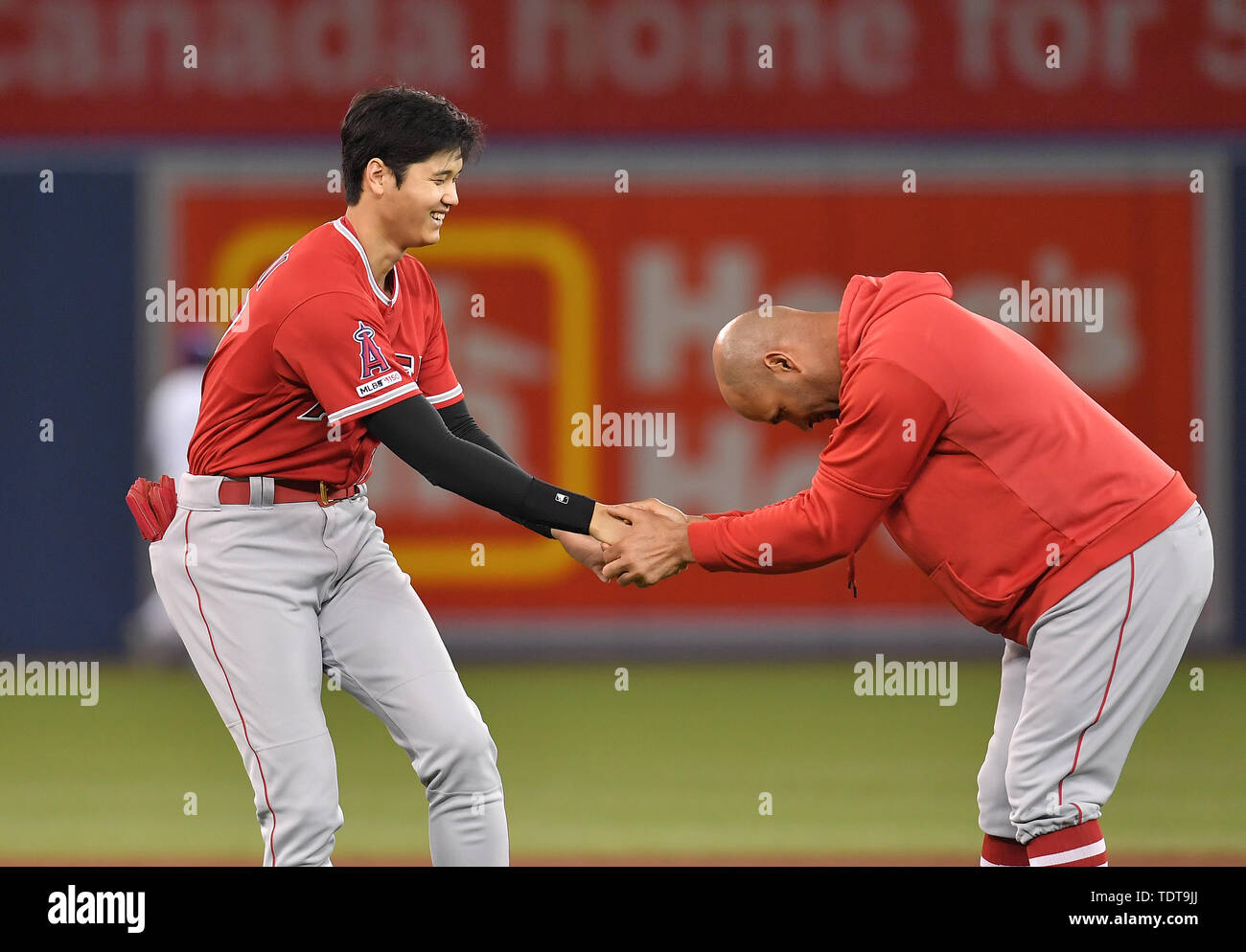 Toronto, Canada. 17th June, 2019. Los Angeles Angels' Shohei Ohtani (L) and Albert Pujols celebrate after winning the Major League Baseball game against the Toronto Blue Jays at Rogers Centre in Toronto, Canada, June 17, 2019. Credit: AFLO/Alamy Live News Stock Photo